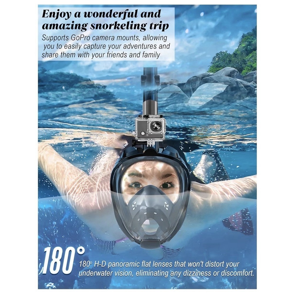 WSTOO Full Face Snorkel Mask Adult Black 180° View Dry Top Anti-Fog Camera Mount - Picture 13 of 14